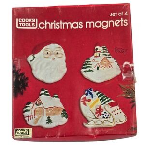 Set of 4 Vintage Christmas Magnets Santa Sleigh Snow Village Holiday Decor